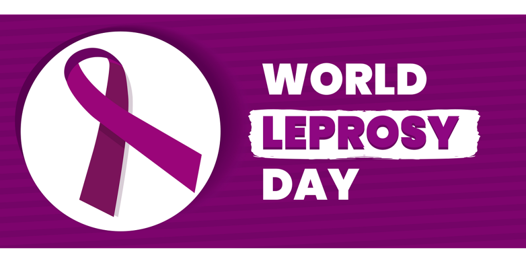 world leprosy day - banner with headline 'world leprosy day' and a purple ribbon